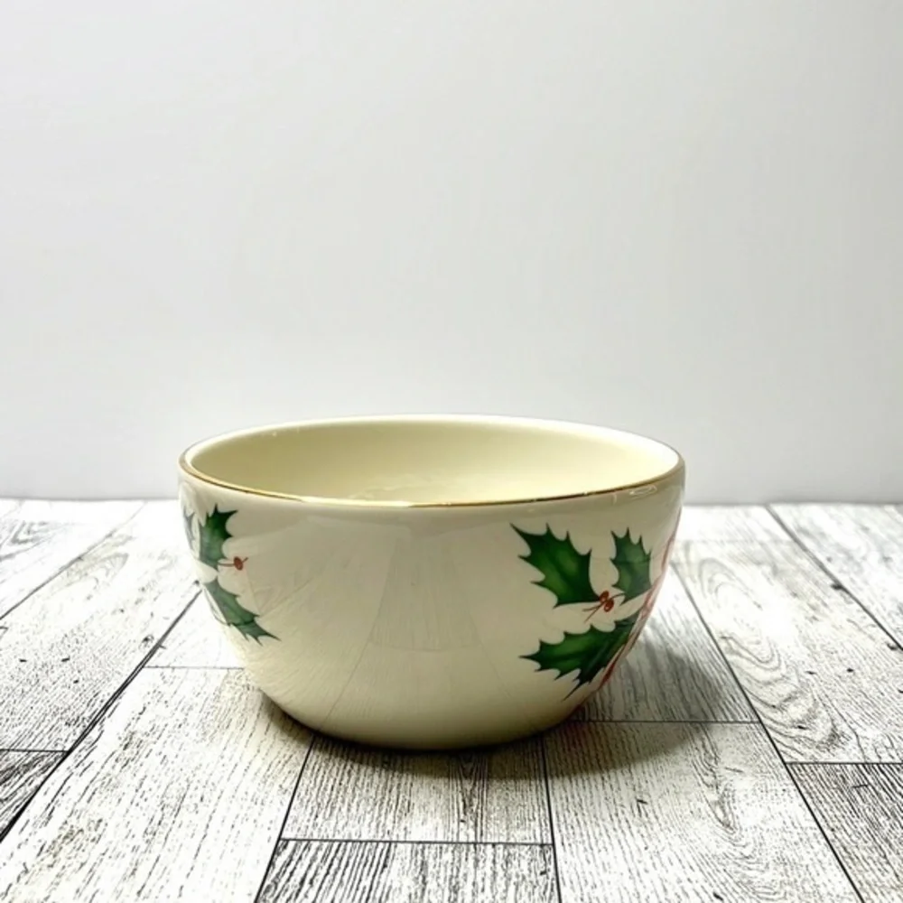 Lenox American By Design Holiday Bowl Green Holly & Red Ribbon Gold Trim